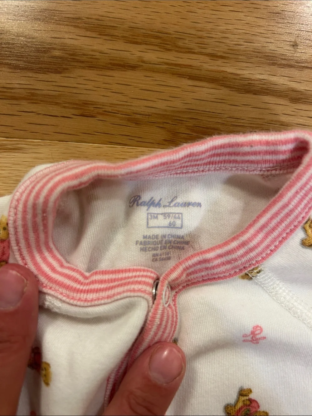 Ralph Lauren Cream Footed One-Piece with Pink Trim and Teddy Print